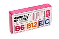 Фолиевая кислота форте с вит.В12, В6, С, Е таблетки БАД 500мг упаковка №30